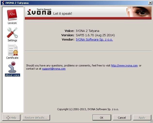 Описание программы IVONA voices 2 v.1.6.70; Reader v.1.1.3.0