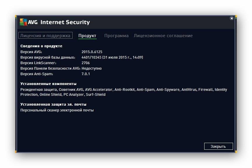 Активация AVG Internet Security 15.0.6125