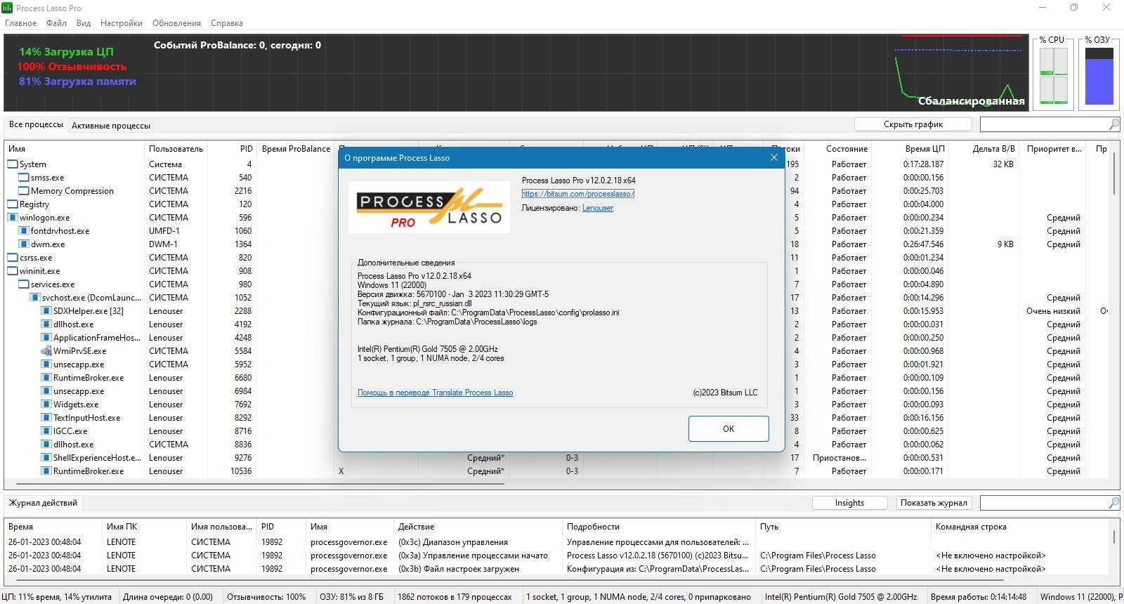 Активация Bitsum Process Lasso Pro 12.0.3.16