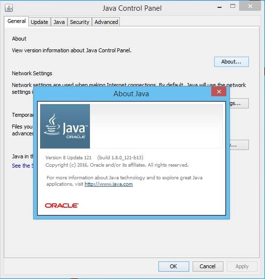 Активация Java SE Runtime Environment 8.0 Update 121