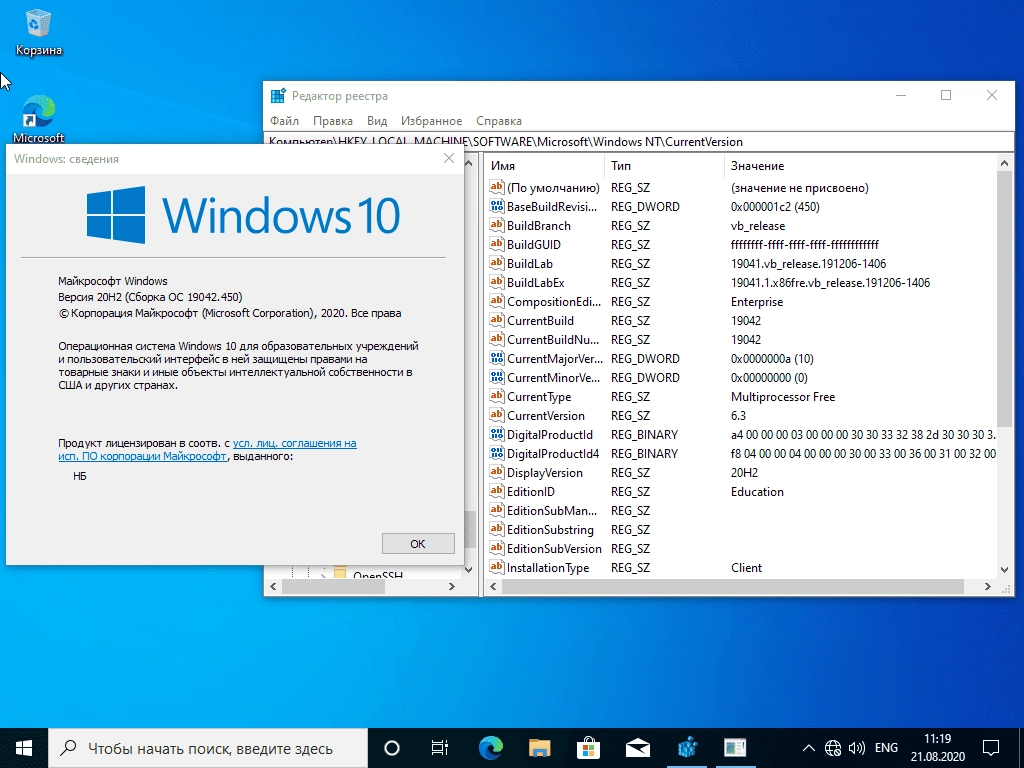 Активация Microsoft Windows 10 Insider Pre-release, Version 20H2, Build 10.0.19042.450