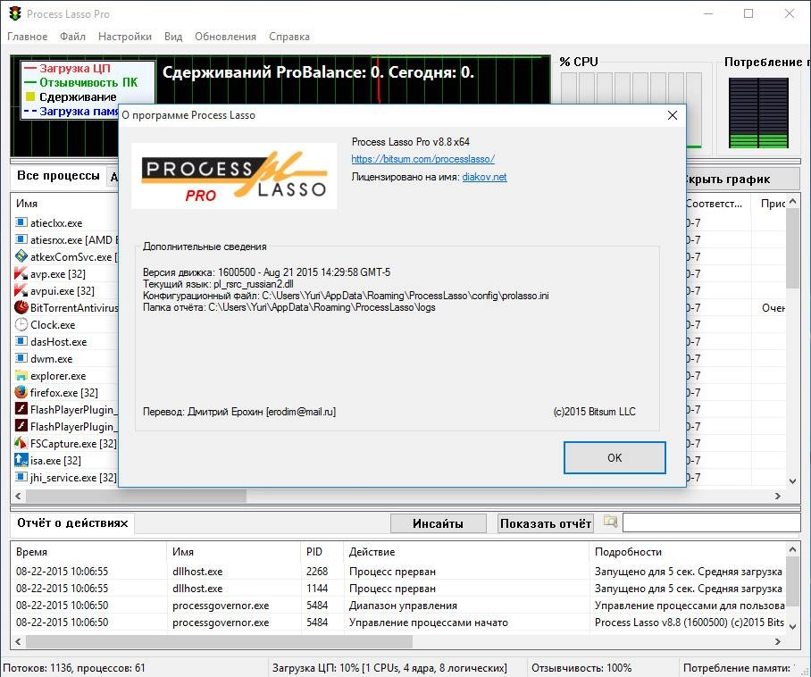 Активация Process Lasso Pro 8.8 Final RePack by D!akov
