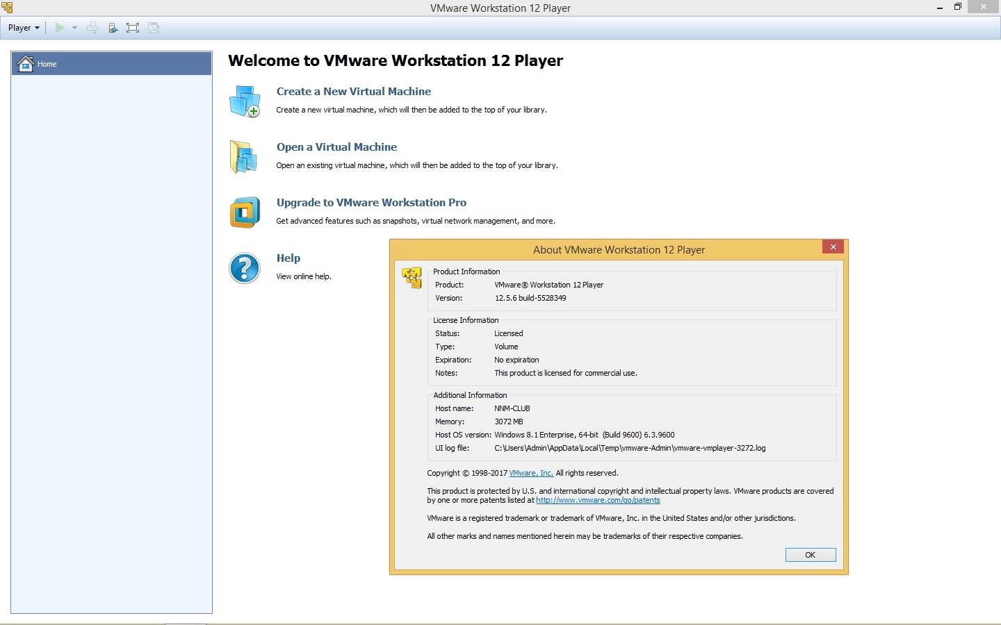 Активация VMware Workstation Player 12.5.6 Build 5528349 Commercial