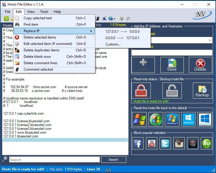 Как пользоваться Hosts File Editor 1.1.4 Portable