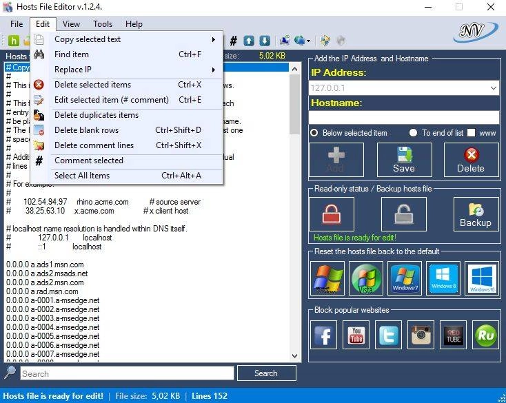 Как пользоваться Hosts File Editor 1.2.4 Portable