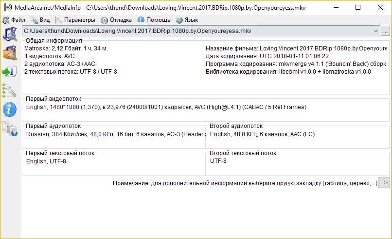 Как пользоваться MediaInfo 18.03.1