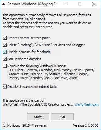 Как пользоваться Novicorp Remove Windows 10 Spying Features 1.1.0000 Portable